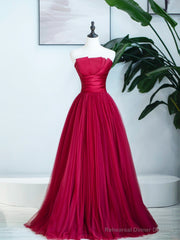 Burgundy Strapless Tulle Prom Dress, Burgundy Long Formal Dress