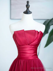 Burgundy Strapless Tulle Prom Dress, Burgundy Long Formal Dress