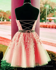 Lace Embroidery Halter Tulle Homecoming Dresses Cross Back