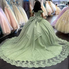 Lace Sage Green Quinceanera Dresses Applique Off Shoulder Dress