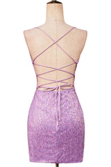 Lace-Up Lilac Sequin Tight Short Homecoming Dress