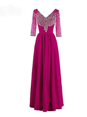 Latest Long Evening Dress With 3/4 Sleeves V-neck Beadings Chiffon