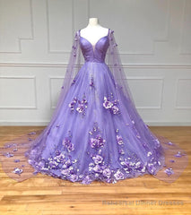 Lavender 3D Floral Lace A-Line Prom Dress with Cape Sleeves