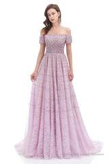 Lavender Lace Off the Shoulder Beaded Sequins Sweep-Train A-Line Prom Dresses