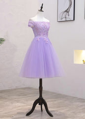 Lavender Lace Shoulder Short Cocktail Dresses A-line