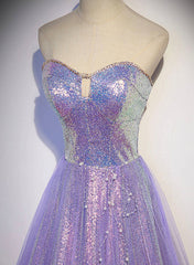 Lavender Tulle and Sequins Sweetheart Long Pary Dress, A-line Prom Dress Formal Dresses