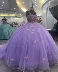 Lavender Tulle Ball Gown Sweetheart Quinceanera Dress With Butterflies