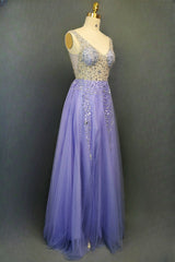 Lavender Tulle Prom Dresses A-line/Princess Long/Floor-Length Sleeveless With Beading Sequins Evening Dresses