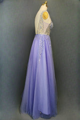 Lavender Tulle Prom Dresses A-line/Princess Long/Floor-Length Sleeveless With Beading Sequins Evening Dresses