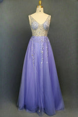 Lavender Tulle Prom Dresses A-line/Princess Long/Floor-Length Sleeveless With Beading Sequins Evening Dresses