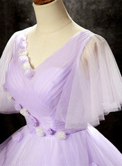 Lavender Tulle V-neckline Sweet 16 Dress with Flowers, Lavender Formal Dress Prom Dress