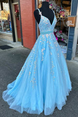 Light Blue Appliques V-Neck Belted A-Line Prom Dress