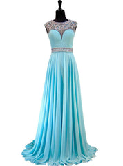 Light Blue Beaded Crystals Sheer Back African Chiffon Prom Dress