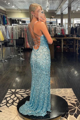 Light Blue Lace-Up Back Sequins Prom Dress with Slit