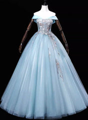 Light Blue Off Shoulder Flowers Tulle Long Party Dress, Light Blue Sweet 16 Dress