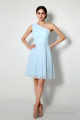 Light Blue One Shoulder Chiffon Knee Length Homecoming Dresses