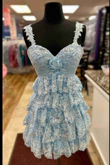 Light Blue Rosette Sequin Baby Doll Short Party Dress