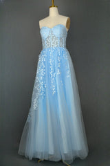 Light Blue Sweetheart Tulle Lace Prom Dresses Long Evening Party Dresses