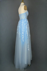 Light Blue Sweetheart Tulle Lace Prom Dresses Long Evening Party Dresses