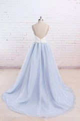 Light Blue Tulle and White Top Long Wedding Party Gowns, Straps Junior Prom Dress