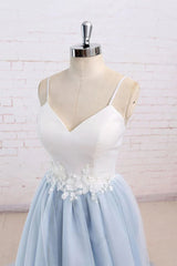 Light Blue Tulle and White Top Long Wedding Party Gowns, Straps Junior Prom Dress