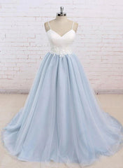 Light Blue Tulle and White Top Long Wedding Party Gowns, Straps Junior Prom Dress