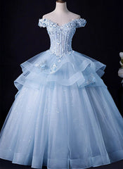 Light Blue Tulle Ball Gown Off Shoulder Sweet 16 Dress Blue Formal Dress with Lace prom dresses shops