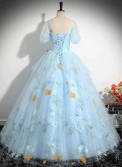 Light Blue Tulle Floor Length Prom Dress, Beautiful Short Sleeves Sweet 16 Dress