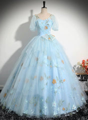 Light Blue Tulle Floor Length Prom Dress, Beautiful Short Sleeves Sweet 16 Dress