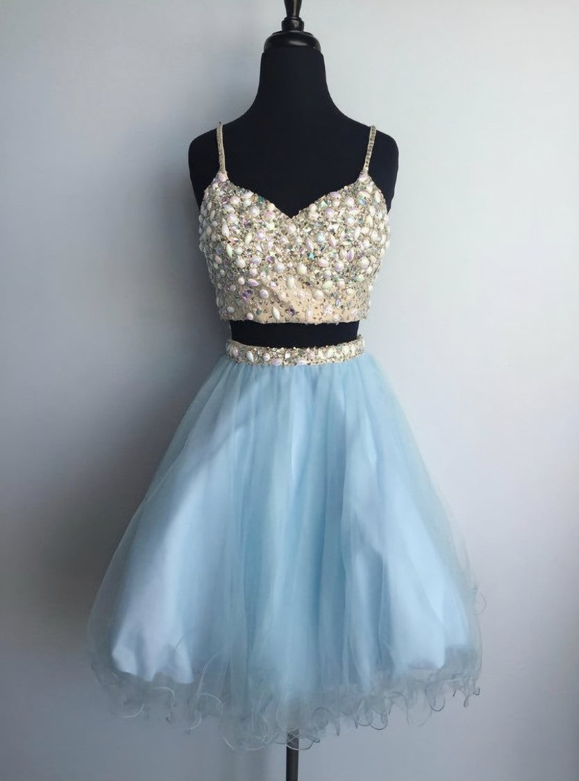 Light blue tulle two pieces beaded short homecoming dress