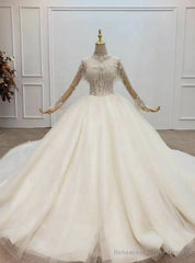 Light Champagne Ball Gown Tulle High Neck Long Sleeve Wedding Dress