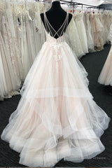 Light champagne tulle lace long prom dress, tulle evening dress