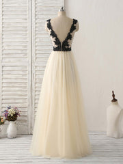 Light Champagne V Neck Beads Tulle Long Prom Dress, Champagne Formal Dress