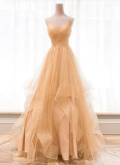 Light Champagne V-neckline Layers Straps Shiny Tulle Party Dress, Champagne Evening Gown Formal Dress