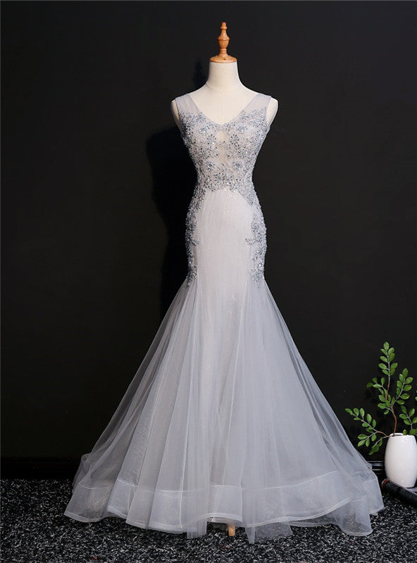 Light Gray Mermaid Tulle V-neck Appliques Beading Prom Dress