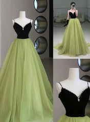 Light Green and Black Beaded Straps Long Party Dress, Green Tulle Evening Dress Prom Dress