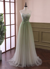 Light Green Gradient Tulle Long Formal Dress, Green Beaded Sweetheart Prom Dresses