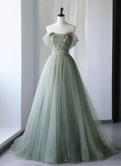 Light Green Tulle Off Shoulder Long Prom Dresses Green Sweetheart Party Dress prom dresses shops