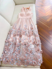 Light Pink A Line Halter Butterfly Appliques Tulle Prom Dress Evening Dress