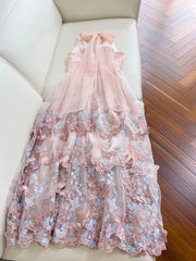 Light Pink A Line Halter Butterfly Appliques Tulle Prom Dress Evening Dress