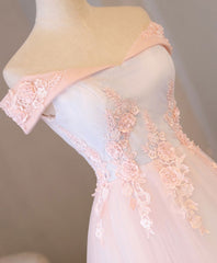 Light Pink Lace Off Shoulder Long Prom Dress, Pink Evening Dress