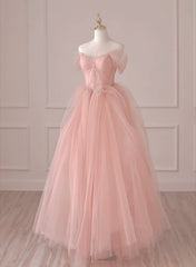 Light Pink Tulle Off Shoulder Lace and Beaded Prom Dress, Pink Formal Dress