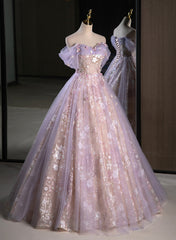 Light Purple A-line Tulle with Floral Long Prom Dress, Light Purple Evening Dress Party Dress