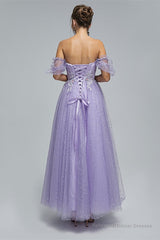 Light Purple Lace And Sequins Tulle Off The Shoulder Floor Length Dresses