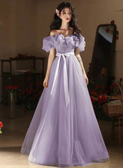 Light Purple Off Shoulder Tulle Party Dress, Light Purple Prom Dress