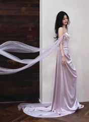 Light Purple Satin Long Evening Dress, Light Purple Sweetheart Prom Dress