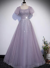 Light Purple Sequins Short Sleeves Party Dress, Purple Formal Dresses