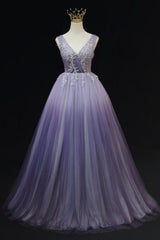 Light Purple Tulle Gradient Lace Applique Formal Dress, Long Prom Dress