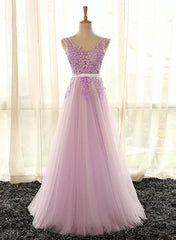 Light Purple V-neckline Long Formal Dress, Tulle Lace Applique Bridesmaid Dress