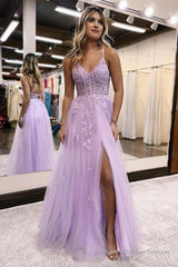 Lilac A-Line Spaghetti Straps Lace Long Prom Dress with Slit